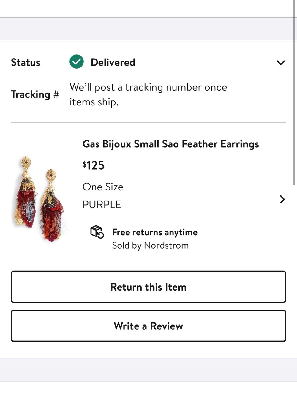 Gas Bijoux Small Sao Feather Drop Earrings Purple Gold Multicolor 24K Plated - Picture 8 of 9